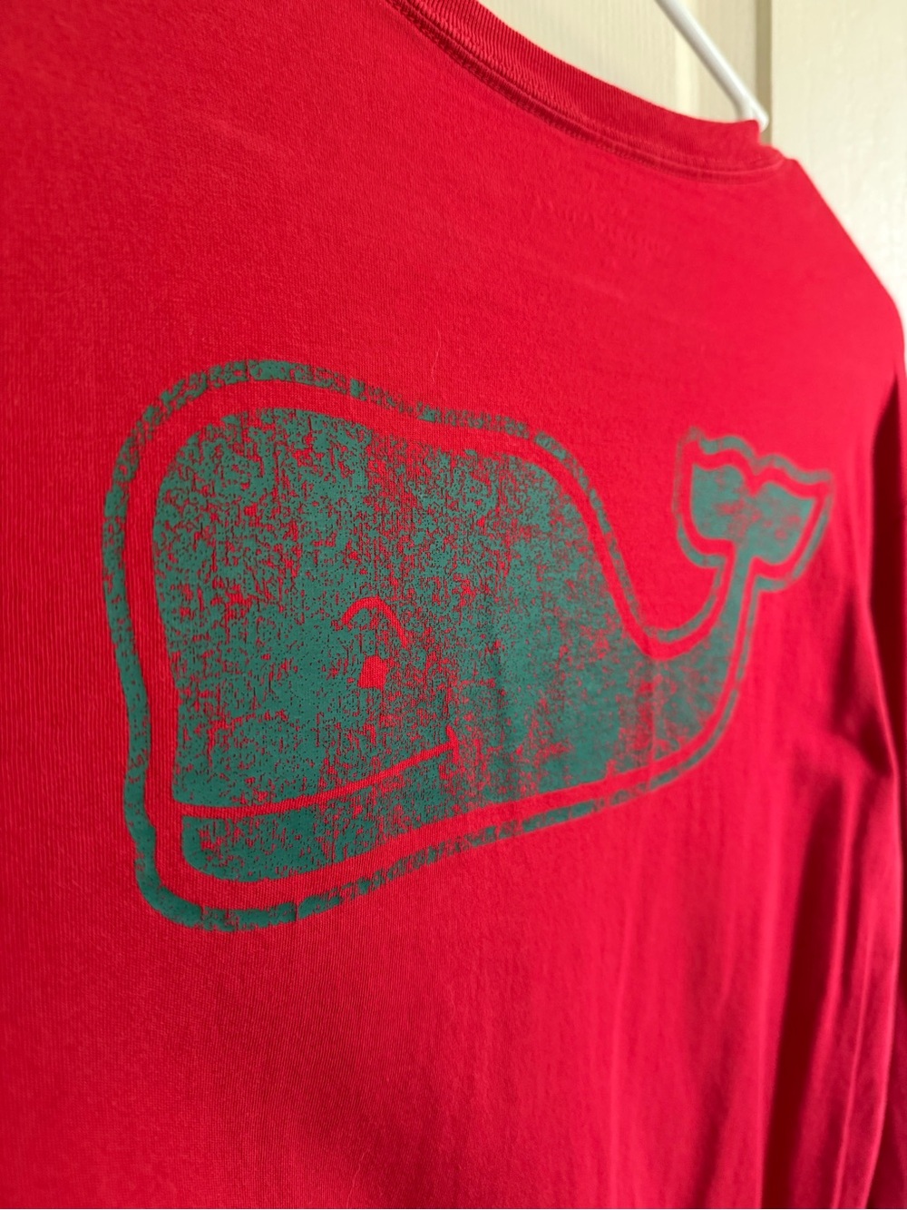 Vineyard Vines Red Long Sleeve Christmas Tee with Green Whale Graphic